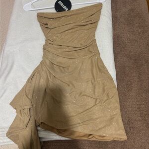 Tan Asymmetrical Ruched Strapless Cocktail Dress